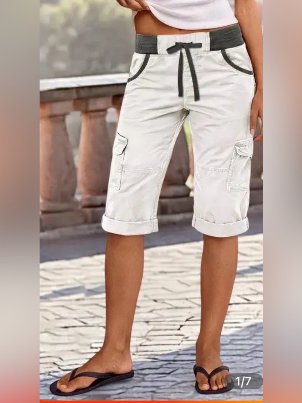 Flamingals Contrast Binding Stitch Detail Roll Hem Drawstring Mid Waist Bermudas
